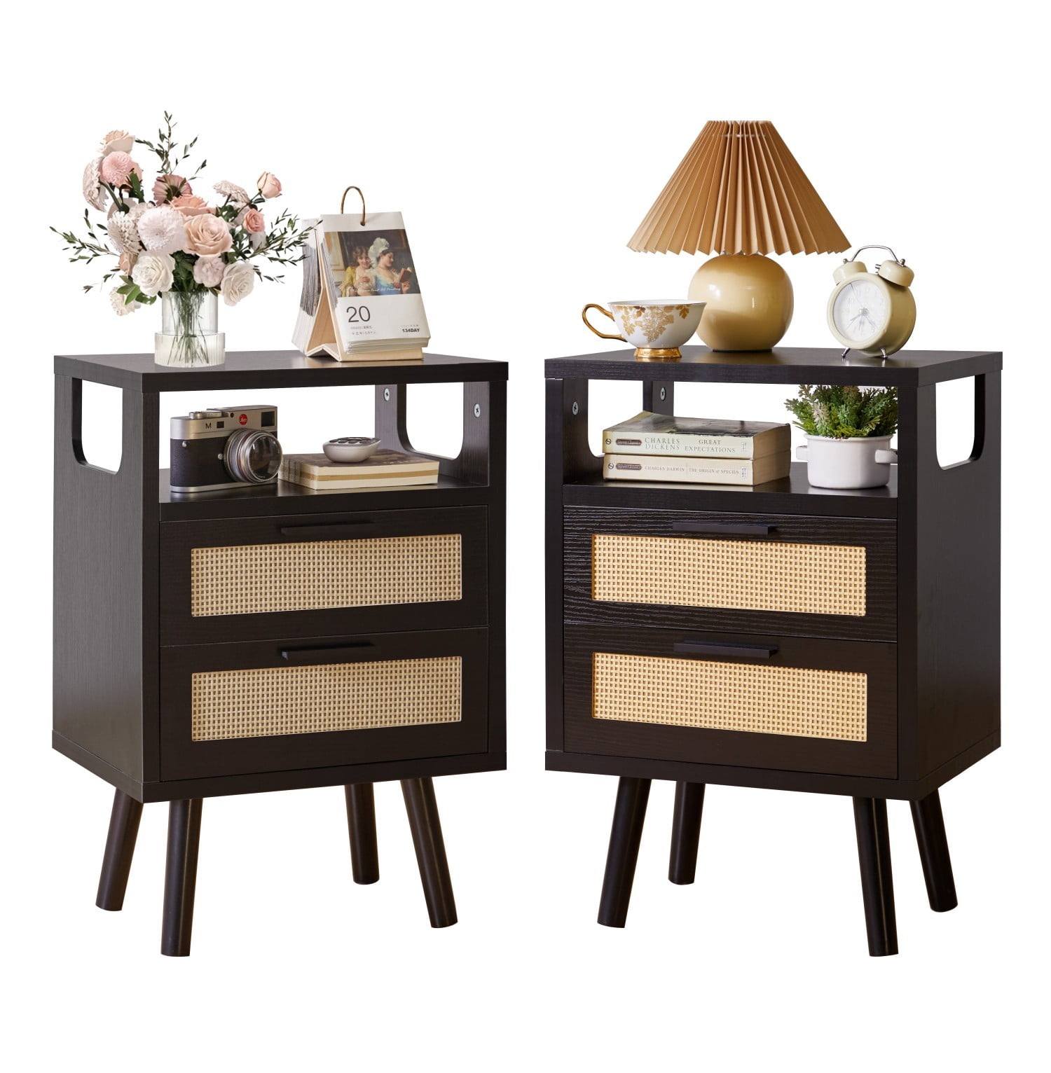 Set of 2 Nightstands with 2 Drawers, Modern Bedside Table with Metal Handles, Black Wooden End Table Storage Cabinet for Bedroom Living Room