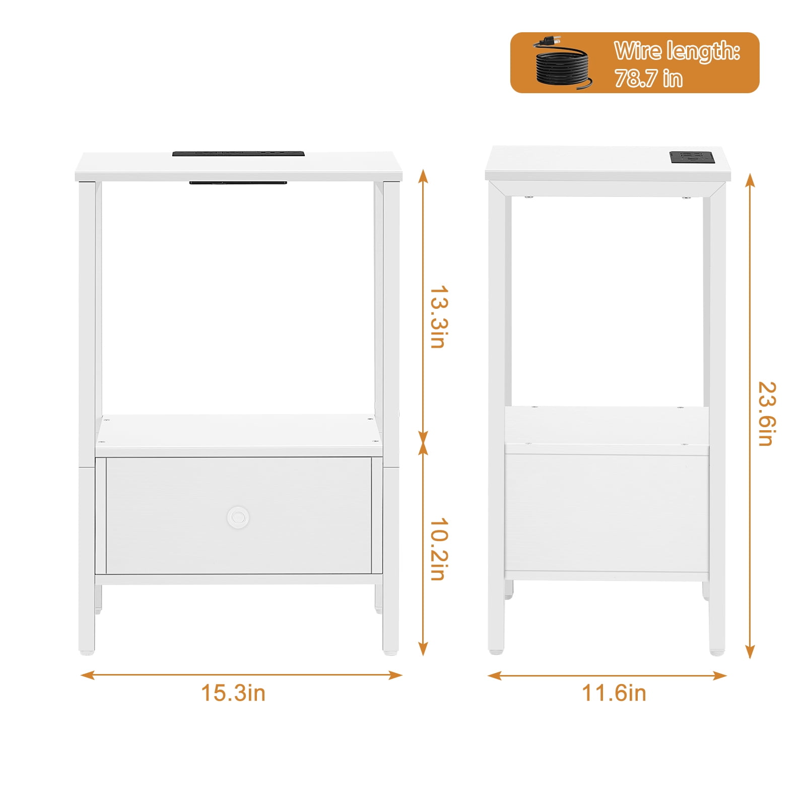 Set of 2 Nightstands with Charging Station, 23.6 Inch White End Tables with Fabric Drawer for Bedroom