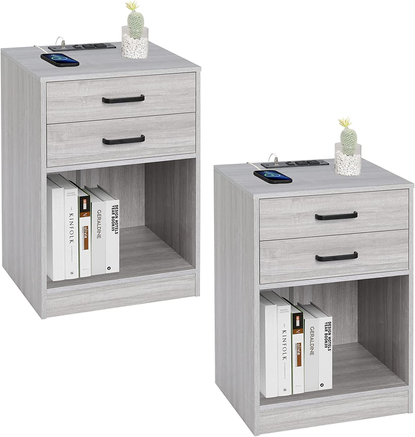 ADORNEVE Set of 2 Grey Nightstands with Drawers, USB Charger Outlets