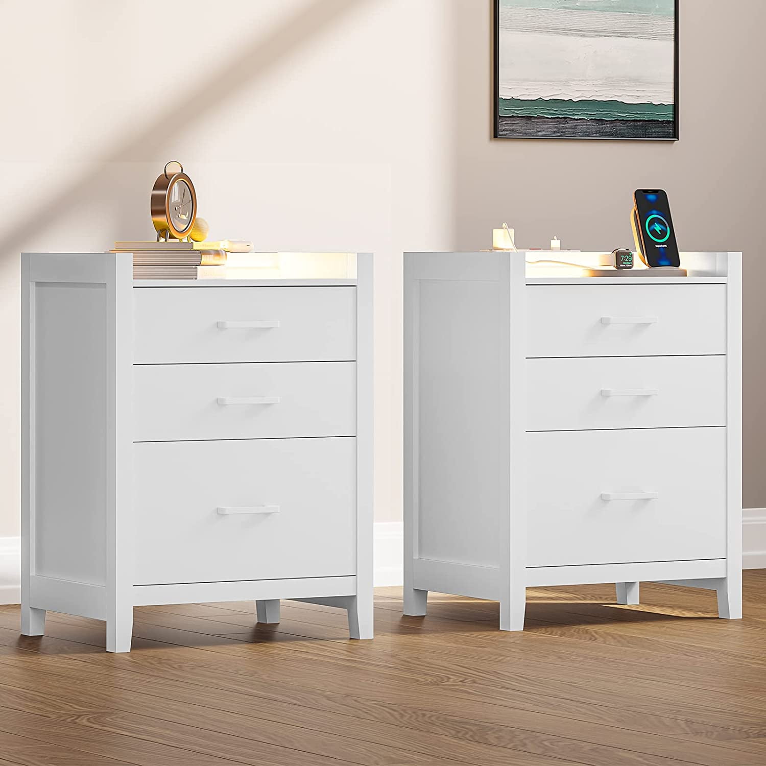 Set of 2 Nightstands with Charging Station, End Side Table with 3