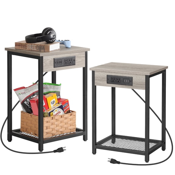 Set of 2 Nightstands with Charging Station - Farmhouse Bedside Tables with USB Ports & Outlets, 2-Tier Storage