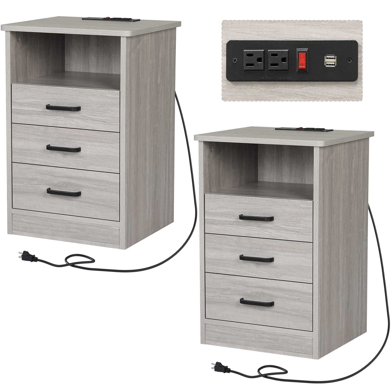 Set of 2 Nightstands with Charging Station,Grey Night Stands with