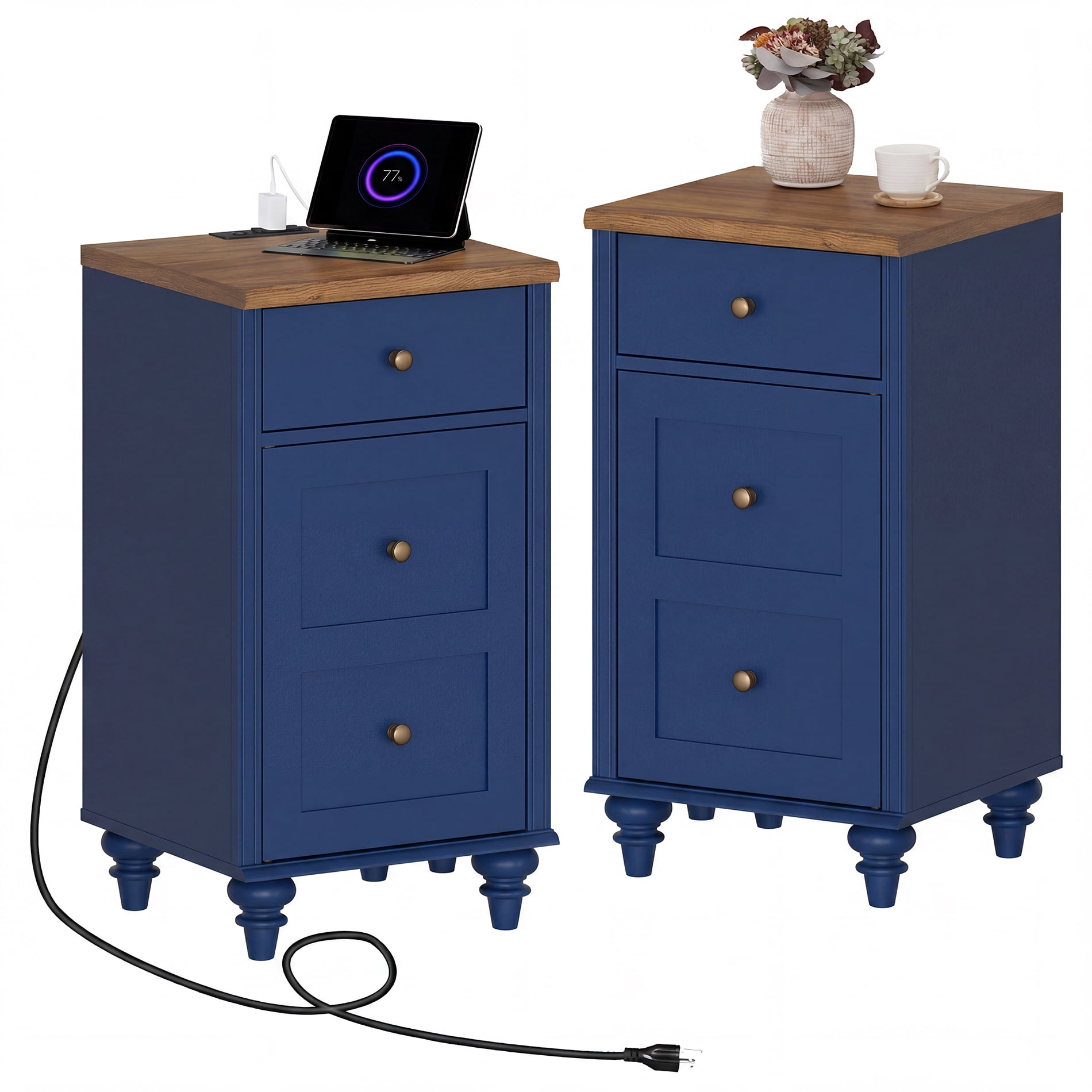 Set of 2 Nightstands with Charging Station, Modern Side End Table with USB Ports, Navy Blue, 16 Inch