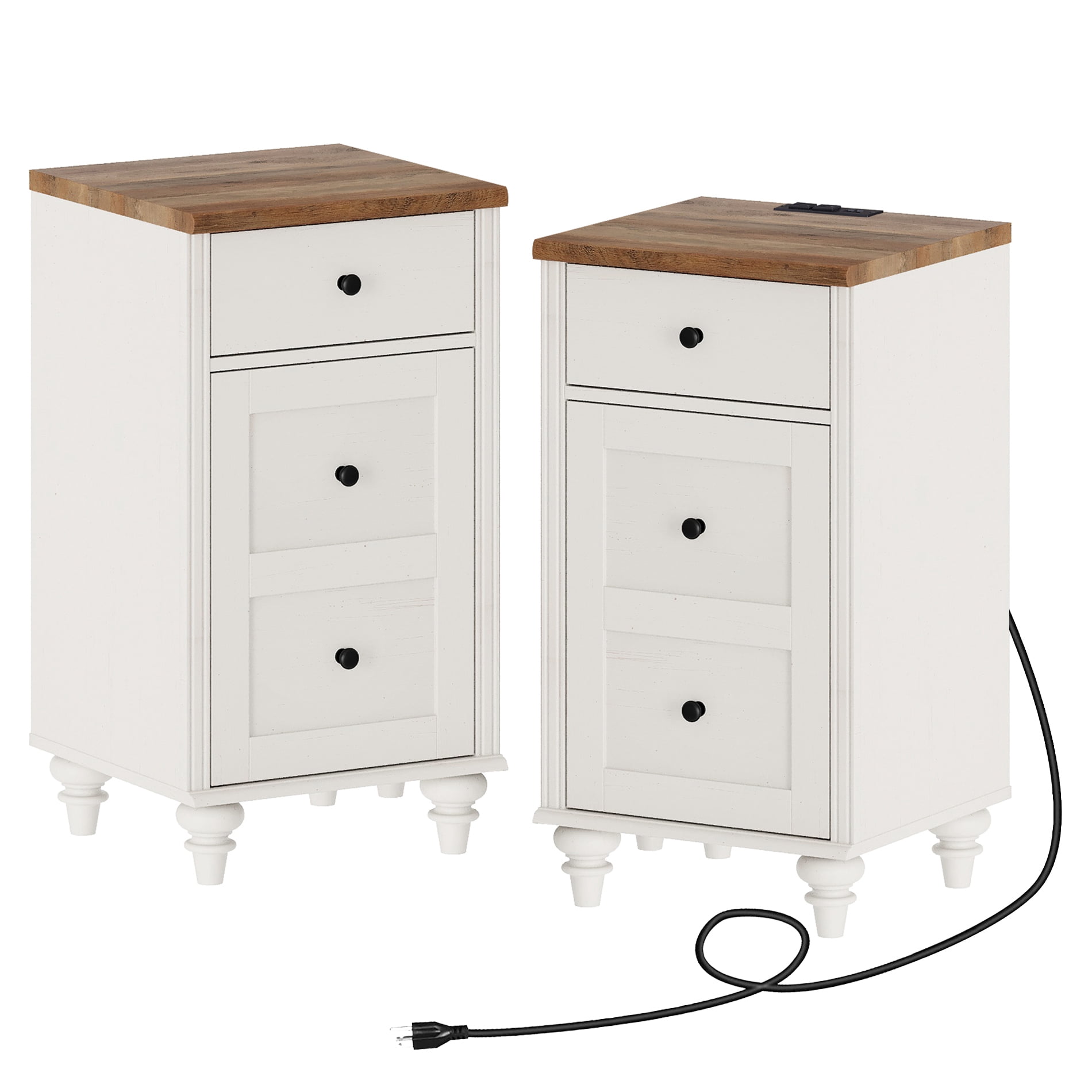 Set of 2 Nightstands with Charging Station & Power Outlets & USB Ports, Modern Side Table with Drawer for Bedroom, White