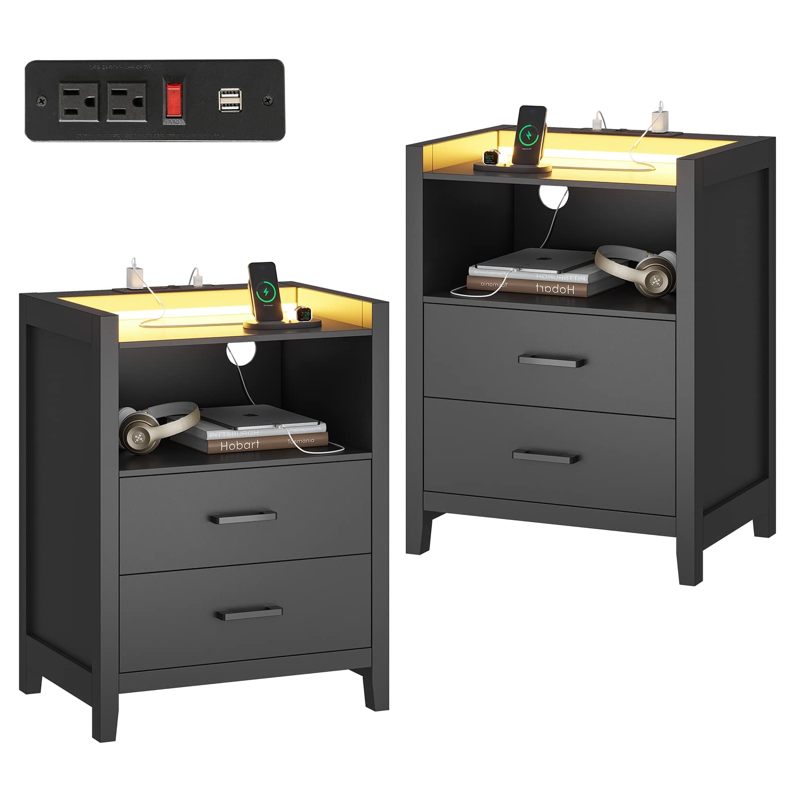 Set of 2 Nightstands with LED Light,Black Night Stand with USB Ports