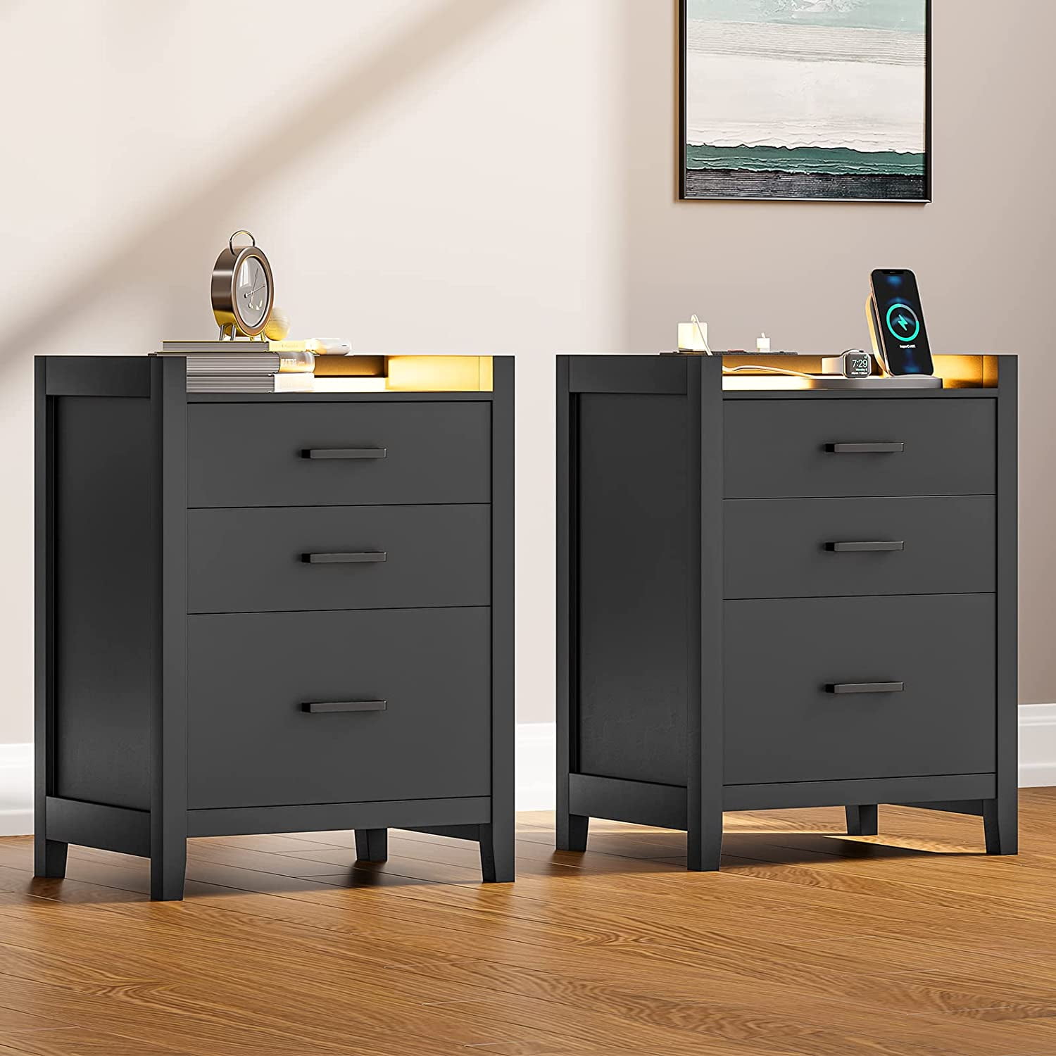 Set of 2 Nightstands with LED Light and Charging Station, Modern Night
