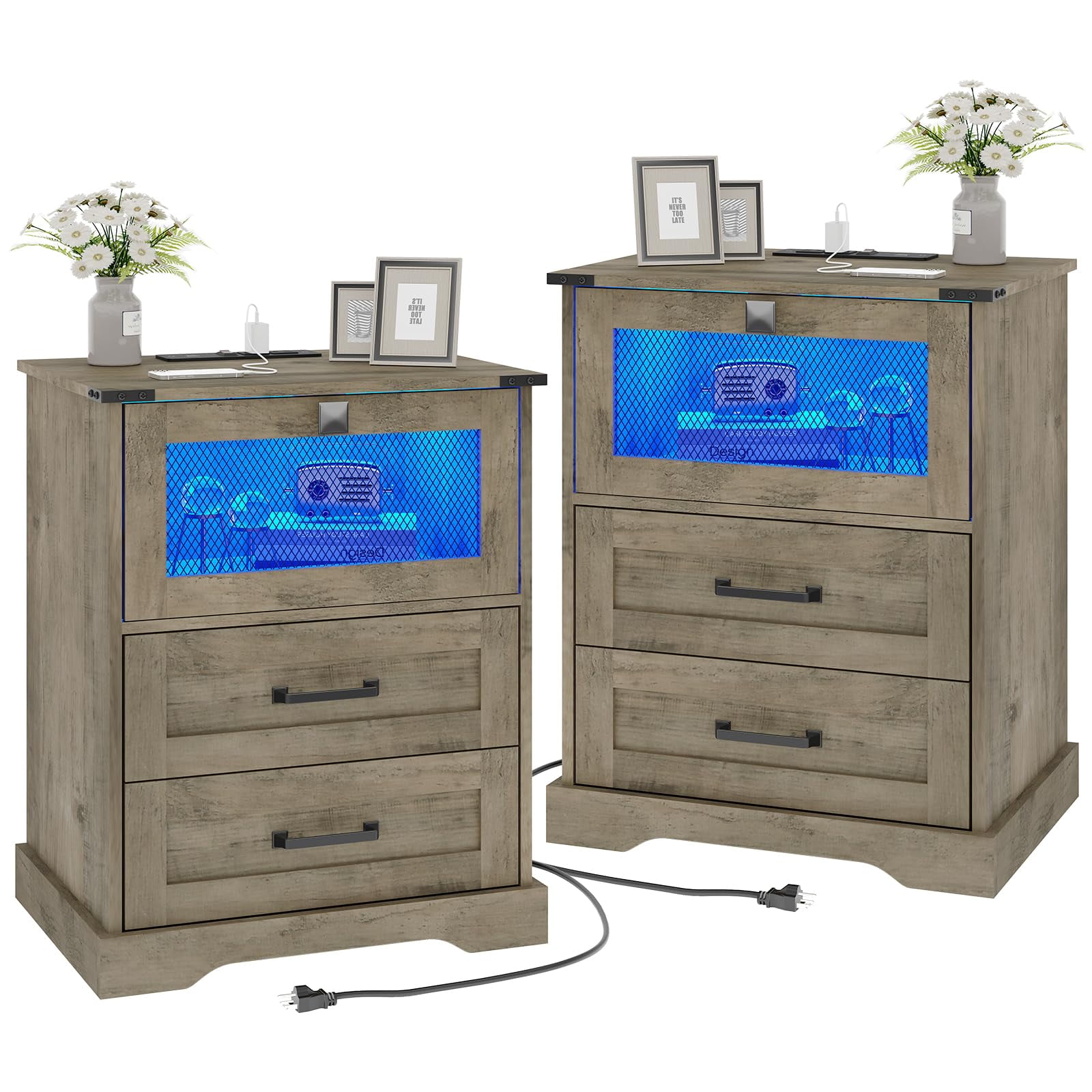 Set of 2 Nightstands with LED Lights and Charging Station, Farmhouse
