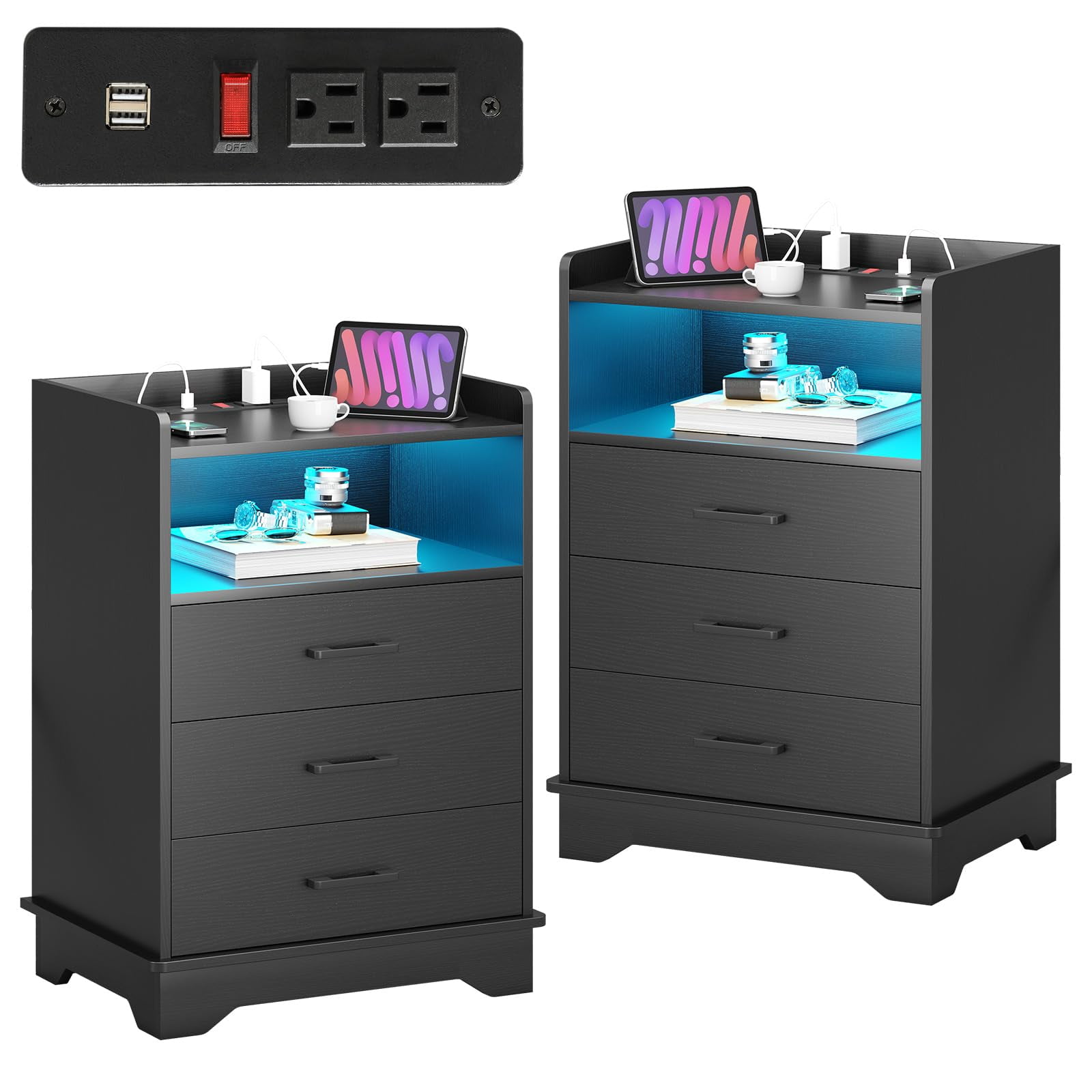 Set of 2 Nightstands with USB Ports Charging Station, LED Nightstand with 3 Storage Drawers