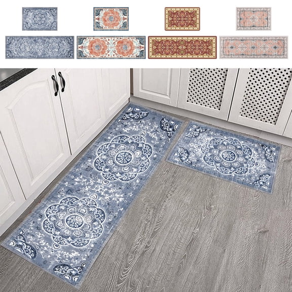 Set of 2 Non-Slip Kitchen Rugs & Mats, 16"x24" & 16"x47" Boho Doormat, Washable Floor Mats with Rubber Backing for Kitchen, Entryway, Laundry Room,A