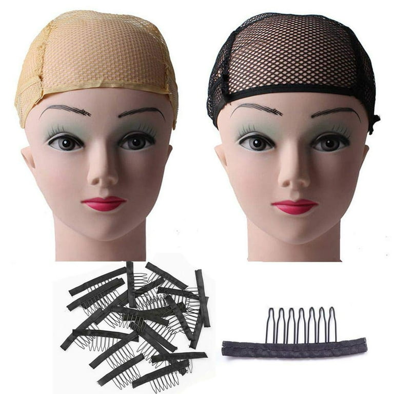 Dockapa Set of 2 Nylon Wig Caps for Women Men, Breathable Soft Black Nude Beige Hairnets Mesh Weaving Hair Net Making Cap Headgear - Plus 10 Wig Combs