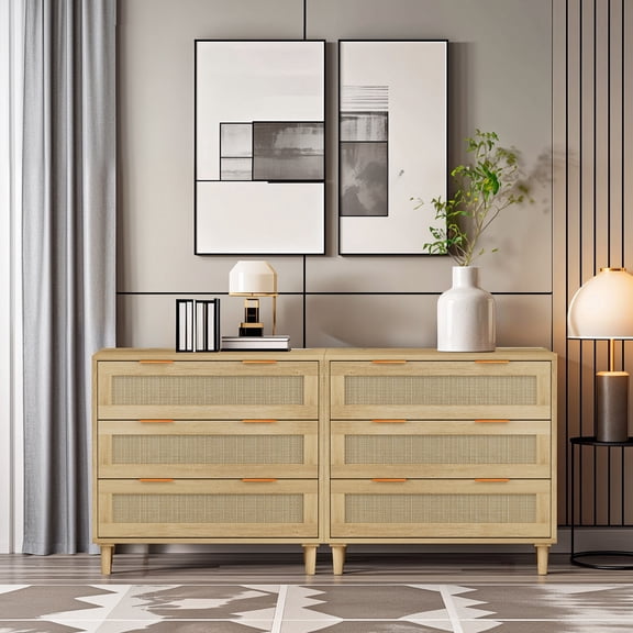 Set of 2 Oak 3-Drawer Rattan Storage Cabinets for Hallways Provide Reasonable Load-Bearing