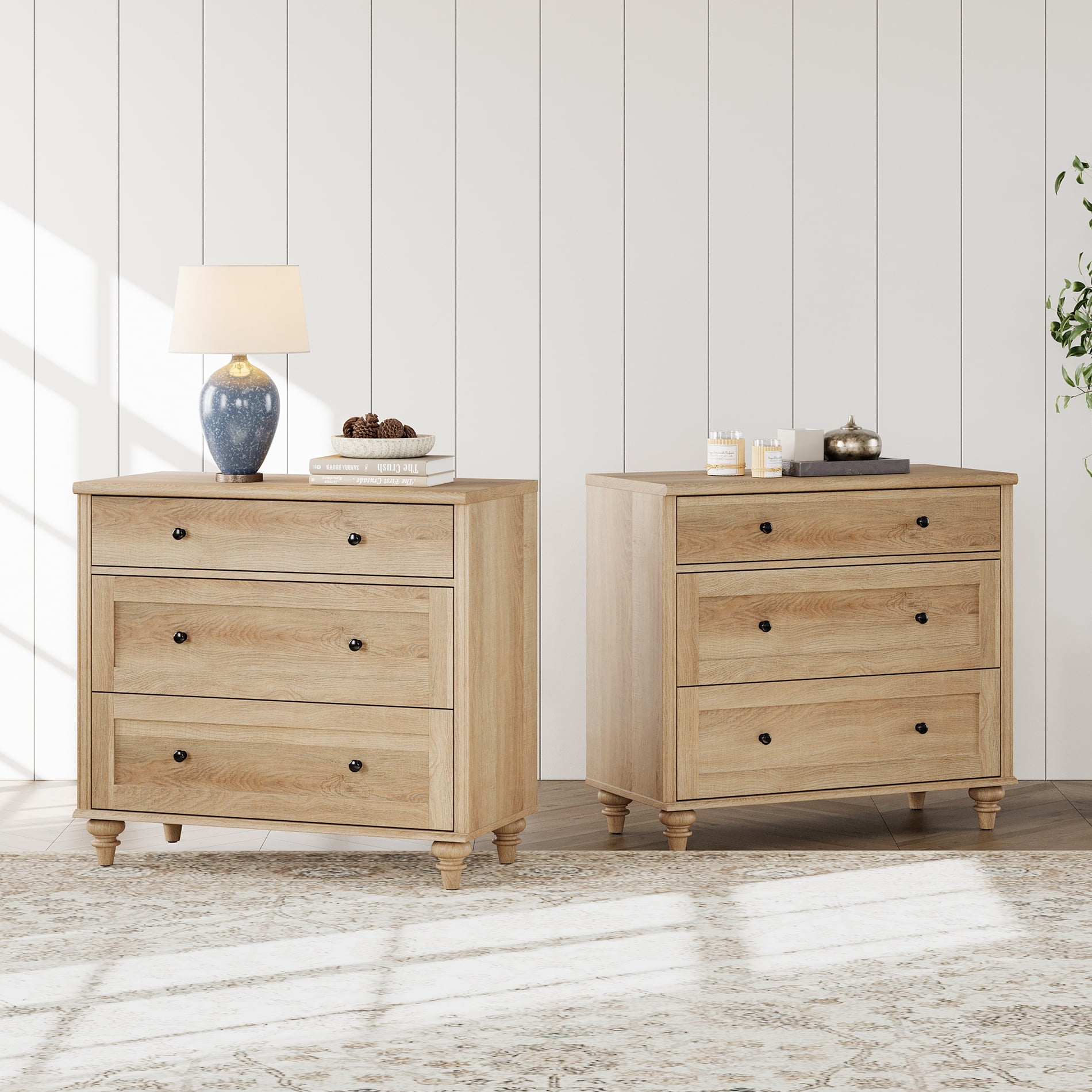 Set of 2 Oak End Tables with Drawers, Mid Century Modern Wooden Closet Storage Organizer