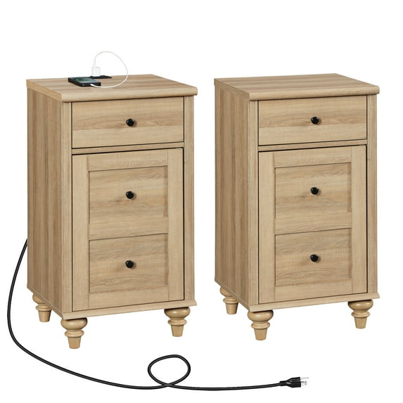 Set of 2 Oak End Tables with Drawers, Mid Century Modern Wooden Nightstands