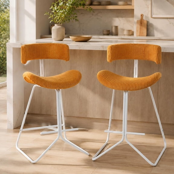 Set of 2 Orange Counter Height Stools, 25 Inch Bar Stools with Padded Seat, Footrest, Curved Back