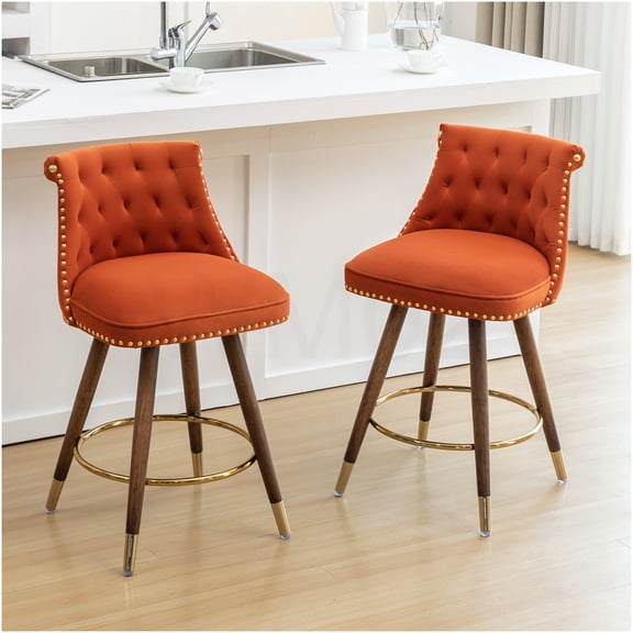 Set of 2 Orange Counter Stools with Button Tufted Upholstery and Nailhead Trim for Kitchen Island Bar