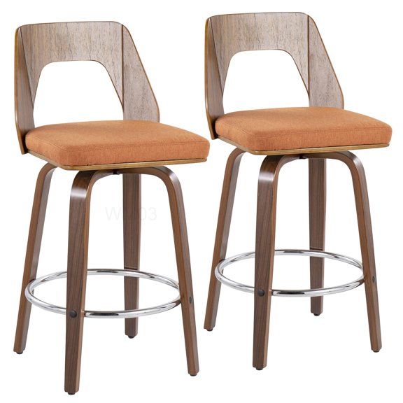 Set of 2 Orange Fabric Counter Stools with Walnut Frame, Mid-Century Modern Swivel Bar Stools