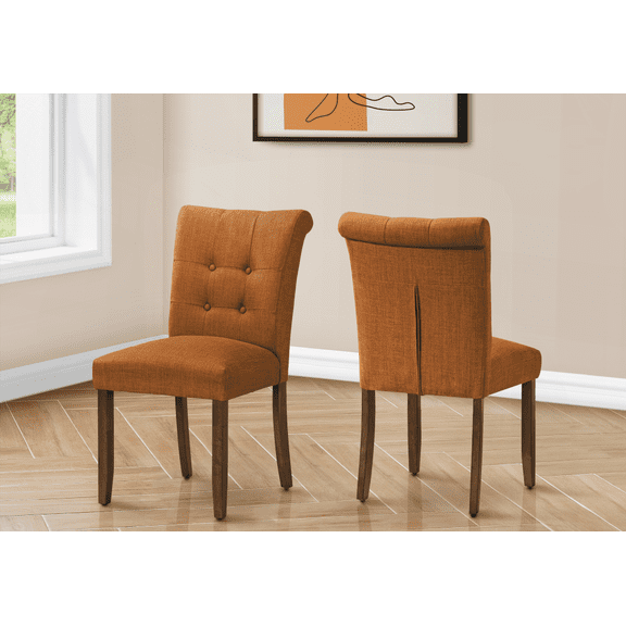 Set of 2 Orange Fabric Upholstered Dining Chairs with Walnut Wood Legs - Modern Style