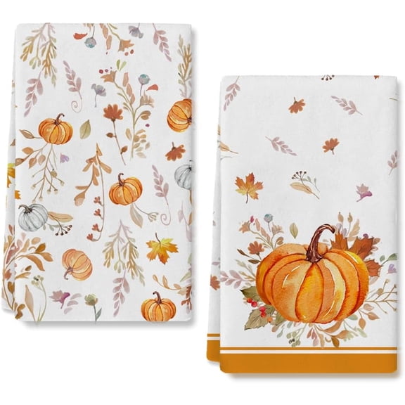 Set of 2 Orange Leaves Pumpkin Fall Kitchen Towels Dish Towels FarmhouseThanksgiving Decoration Hand Towels, 16x24 inch