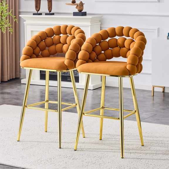 Set of 2 Orange Puffy Bubble Chair Ball Chain Chair Velvet Bar Stools with Gold Legs, Modern Tufted Accent Bar Chairs for Kitchen Island & Home Bar