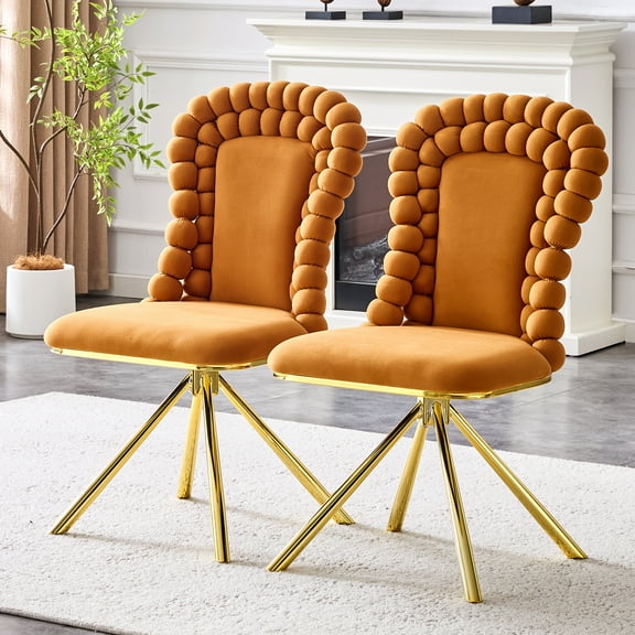 Set of 2 Orange Puffy Bubble Chair Ball Chain Chair Velvet Dining Chairs with Gold Legs, Modern Upholstered Accent Chairs for Dining Room & Kitchen