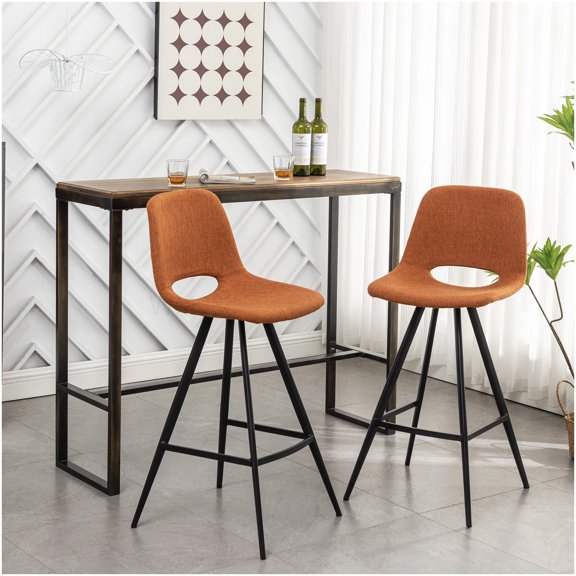 Set of 2 Orange Upholstered Bar Stools with Footrest, Counter Height Swivel Stools for Kitchen