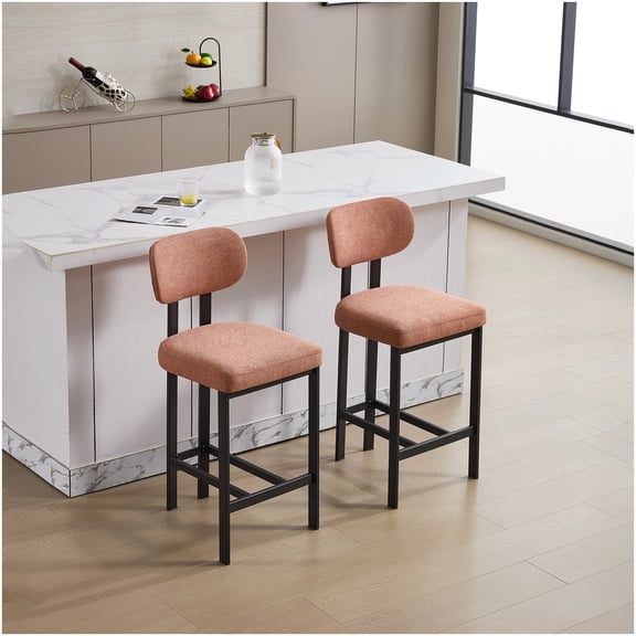 Set of 2 Orange Upholstered Counter Bar Stools with Metal Legs for Kitchen and Dining