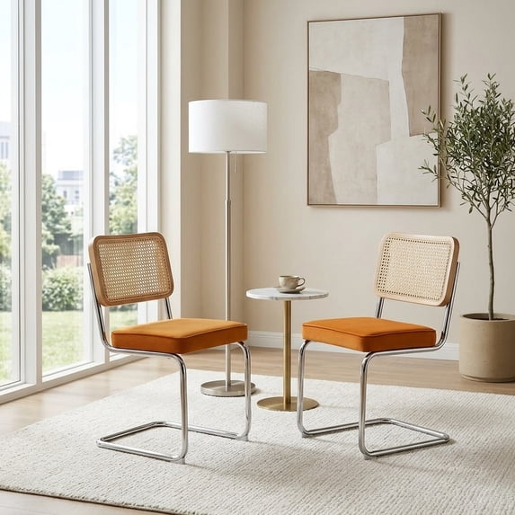 Set of 2 Orange Velvet & Rattan Dining Chairs with Chrome Legs - Mid-Century Modern Accent
