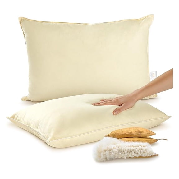 Set of 2 Organic Kapok Bed Pillows, Natural Kapok Fiber Filled Sleeping Pillows with Breathable Cotton Shell, King Size, 20 x 36 inches