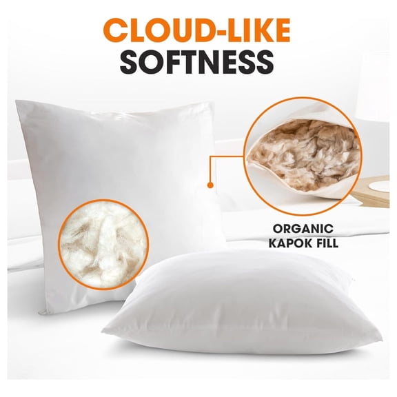 Set of 2 Organic Kapok Pillows, Natural Kapok Fiber Filled Throw Pillows for Couch, Bed & Dcor, with Breathable Microfiber Shell, 26 x 26 inches