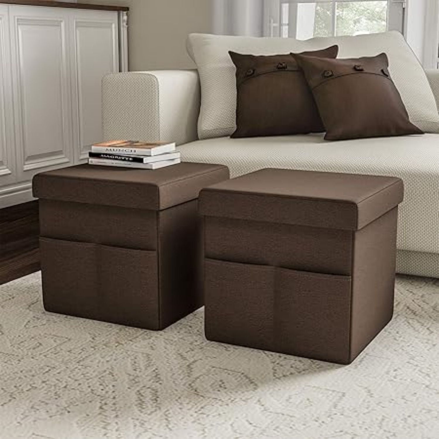 Set of 2 Ottomans with Storage Pockets - 15-Inch Folding Foot Rests or ...