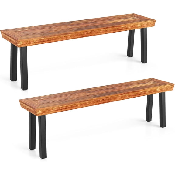 Set of 2 Outdoor Acacia Wood Benches, 2-3 People Backless Garden Benches with Metal Frame for Patio, Deck, Yard and Entryway