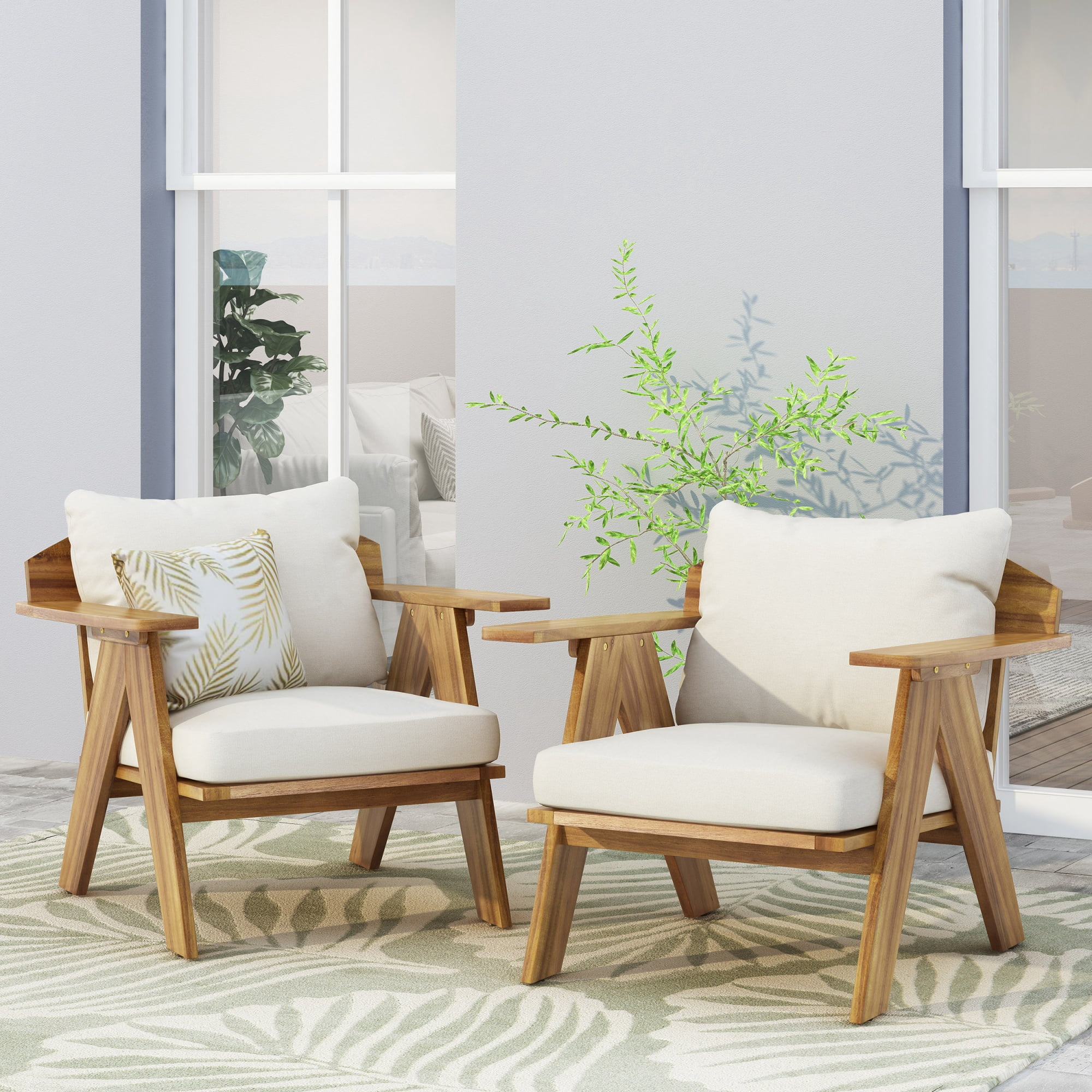 Set of 2 Outdoor Acacia Wood Club Chairs with Geometric Design and Water-Resistant Cushions, Patio Seating, Teak and Beige