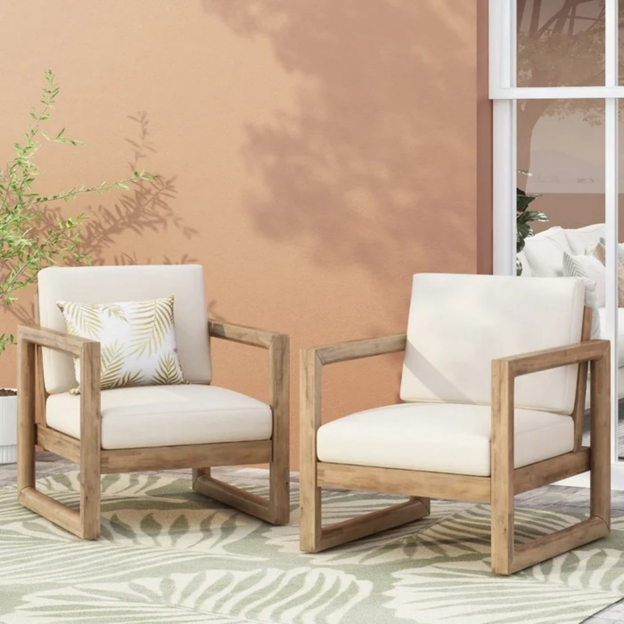 Set of 2 Outdoor Acacia Wood Club Chairs with Water-Resistant Cushions and Slatted Design, Patio Seating for Garden, Brown and Beige