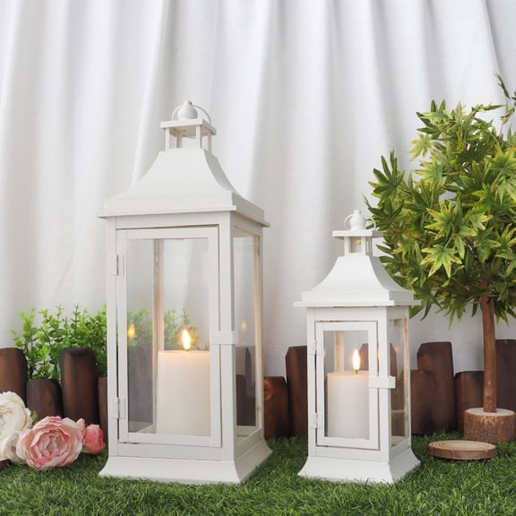 Set of 2 19.5''&13''Tall Vintage Candle Lanterns Outdoor Hanging Tower Lantern Metal Candle Holder for Garden Living Room Indoor Outdoor Parties Weddings Balcony Patio