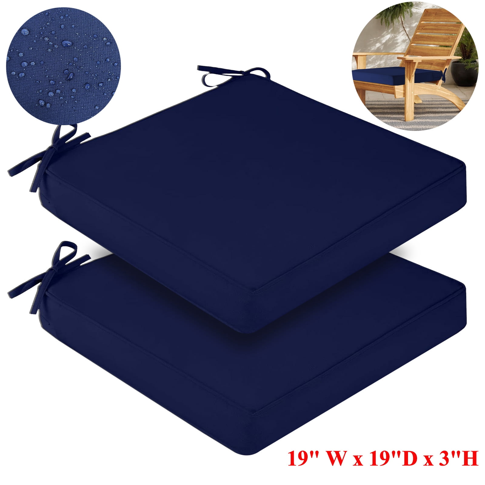 (Set of 2) Outdoor Chair Cushions for Patio Furniture, Waterproof 19" x 19" x 3" Square Patio Chair Seat Cushion with Non-Slip Ties & Handle