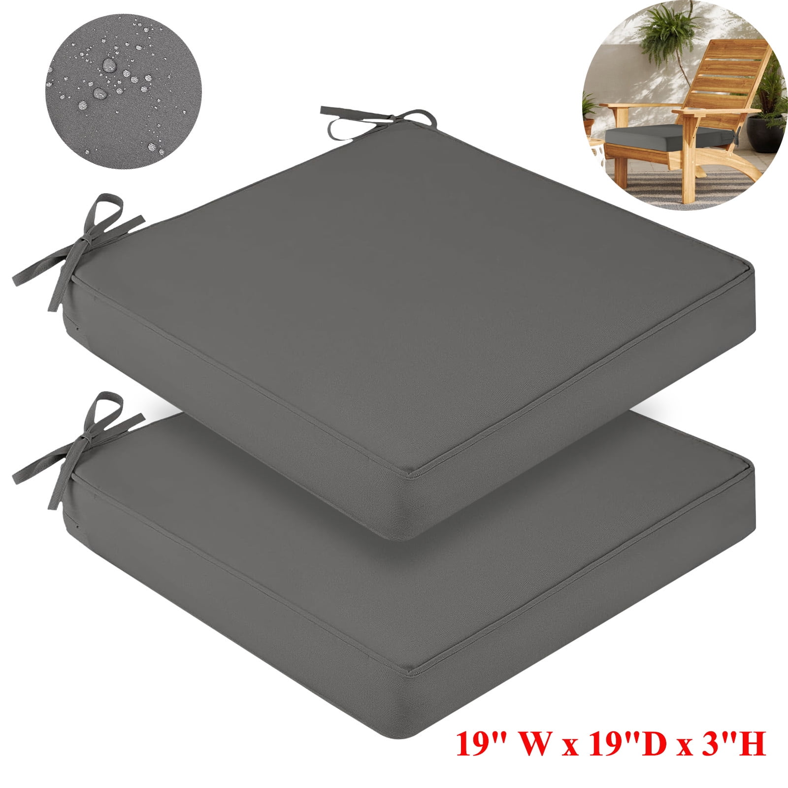 (Set of 2) Outdoor Chair Cushions for Patio Furniture, Waterproof 19" x 19" x 3" Square Patio Chair Seat Cushion with Non-Slip Ties & Handle