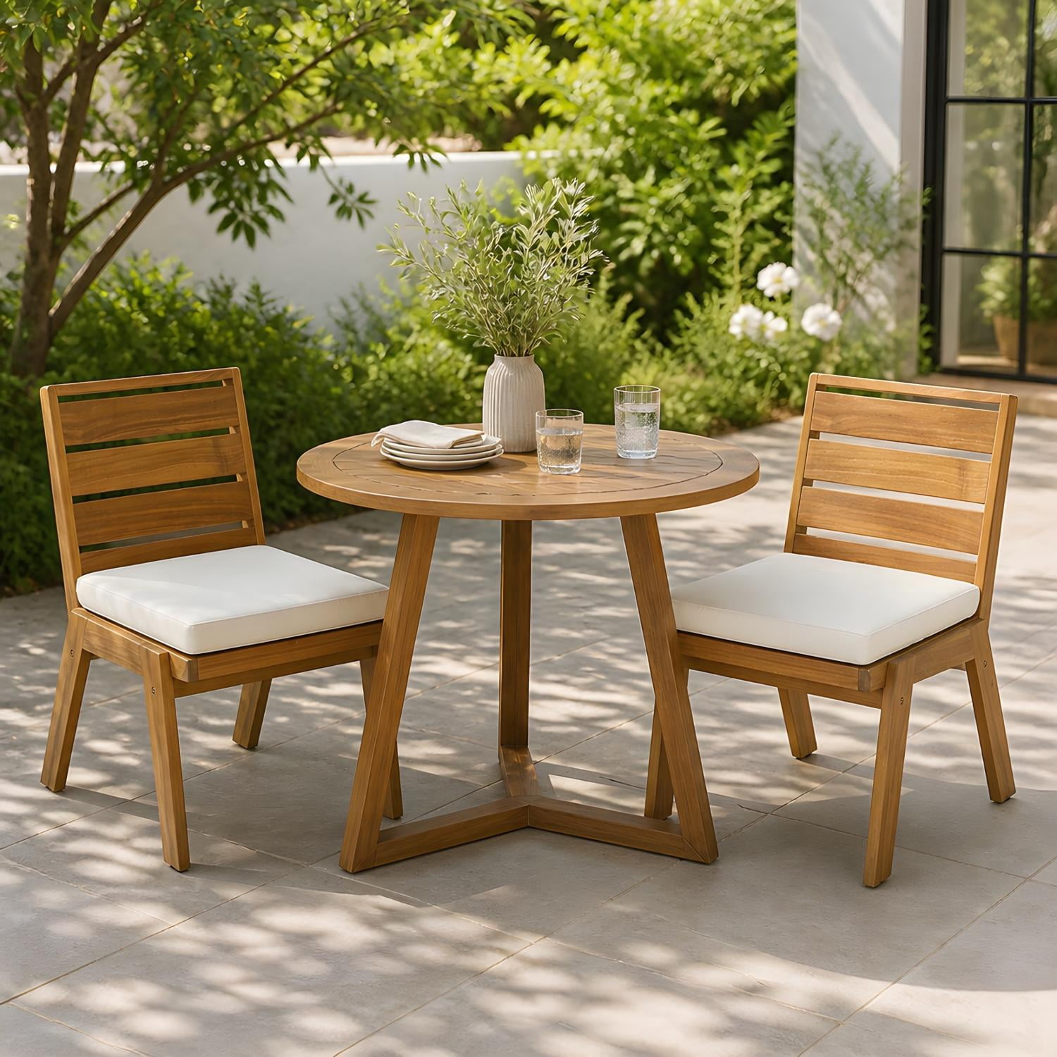 Set of 2 Outdoor Dining Chairs with Acacia Wood Frame and Beige Washable Cushions, Armless Patio Chairs and Garden Seating for Backyard, Teak Finish