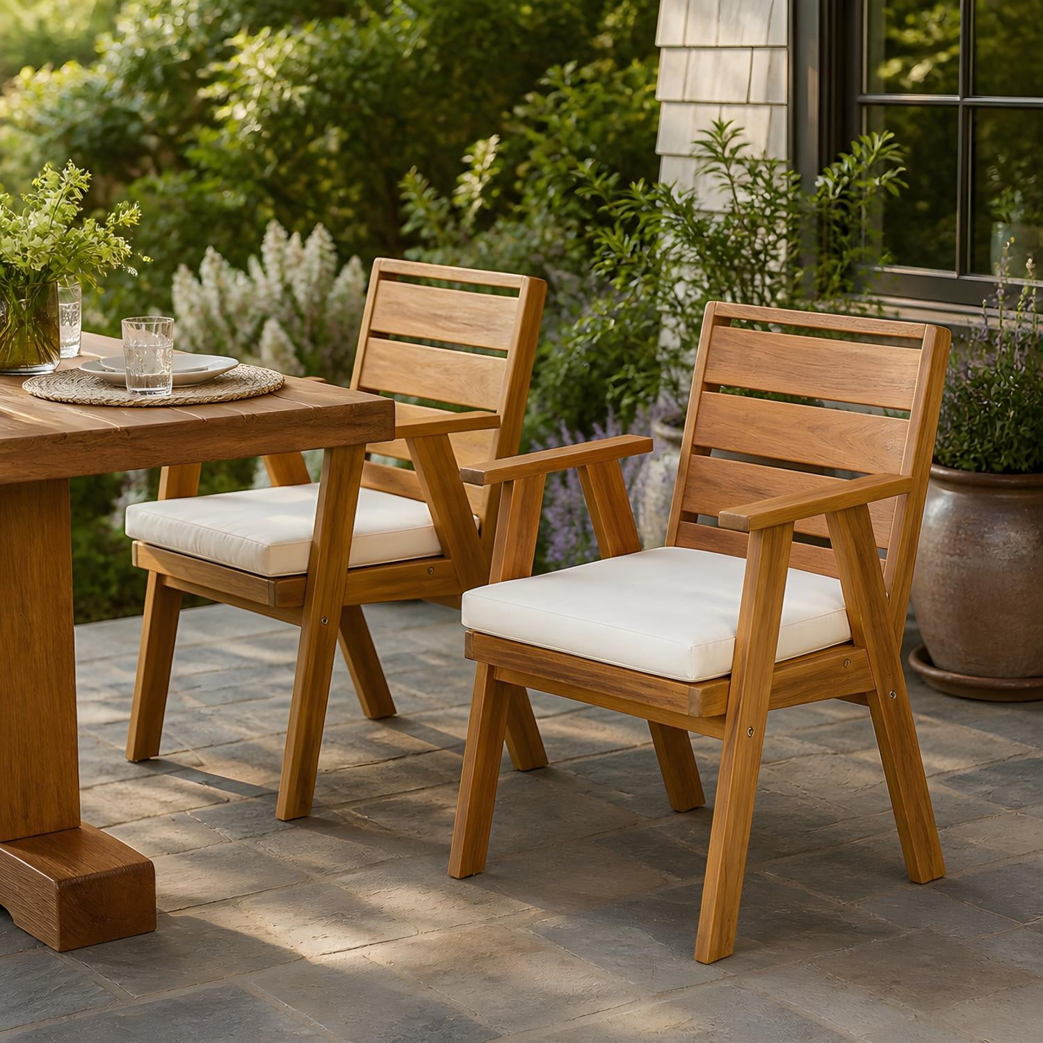 Set of 2 Outdoor Dining Chairs with Acacia Wood Frame and Beige Washable Cushions, Patio Chairs and Garden Seating for Backyard Poolside, Teak Finish