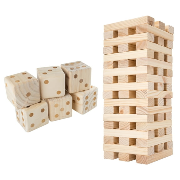Set of 2 Outdoor Games for Adults and Family - Wood Blocks Stacking Game and Large Dice Set Yard Game Set for All Ages by Hey Play