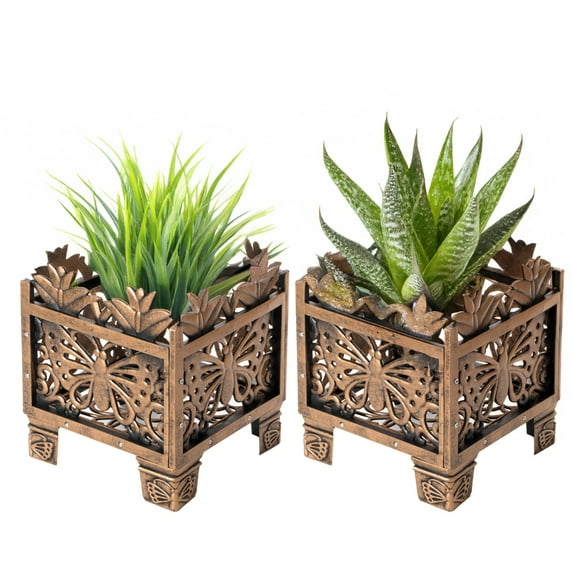 Set of 2 Outdoor Living Butterfly Square Plant Stands, Decorative Flower Planting Pots, Antique Bronze Finish, Garden Patio Decor