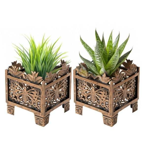 Set of 2 Outdoor Living Butterfly Square Plant Stands, Decorative Flower Planting Pots, Antique Bronze Finish, Garden Patio Decor