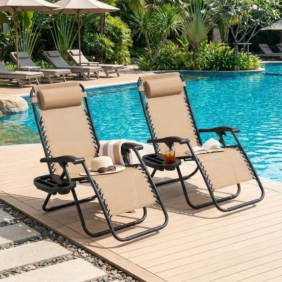 Set of 2 Outdoor Lounge Chairs, Folding Reclining Patio Chairs with Pillow & Cup Holders for Pool