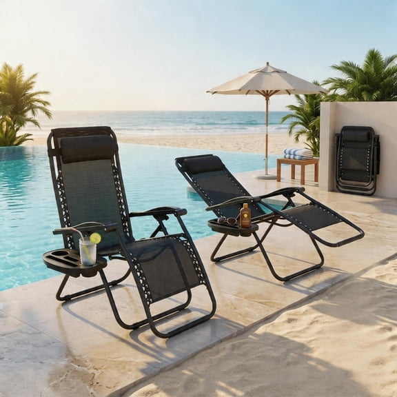 Set of 2 Outdoor Lounge Chairs, Folding Reclining Patio Chairs with Pillow & Cup Holders for Pool