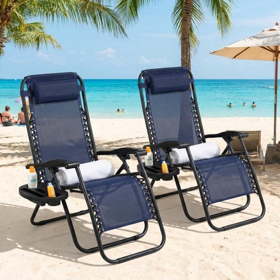 Set of 2 Outdoor Lounge Chairs, Folding Reclining Patio Chairs with Pillow & Cup Holders for Pool