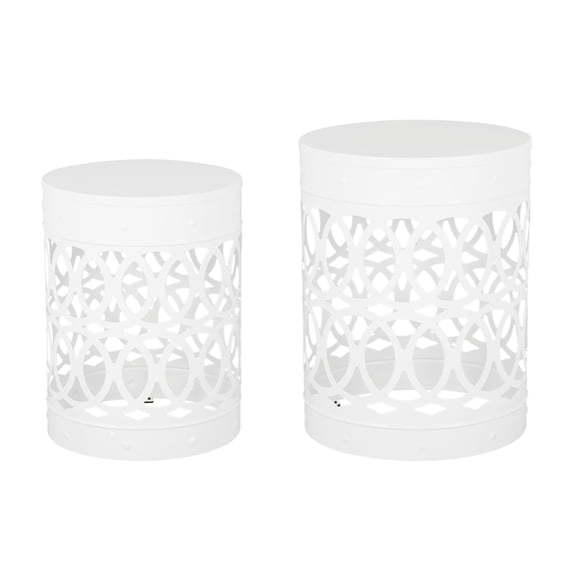 Set of 2 Outdoor Metal End Tables White Iron Side Tables for Patio Garden Small Space Nesting