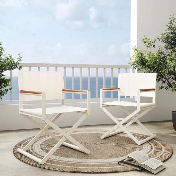Set of 2 Outdoor Sling Mesh Chairs, Extra-Wide Foldable Directors Chairs Sets, Woodgrain Armrests, Outdoor, Apricot