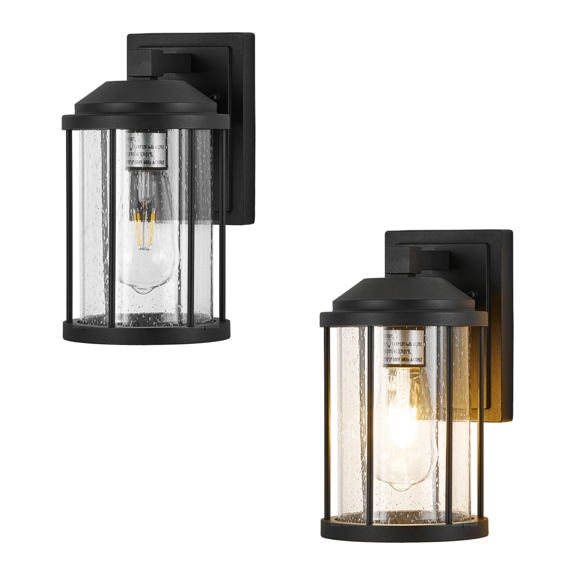 Set of 2 Outdoor Wall Sconces with Seeded Glass and Black Finish, Exterior Porch Lanterns for House and Garage, Black