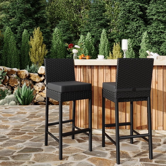 Set of 2 Outdoor Wicker Patio Bar Stools, Weather-Resistant Wicker forfor Backyard or Poolside, 400 LBS Capacity