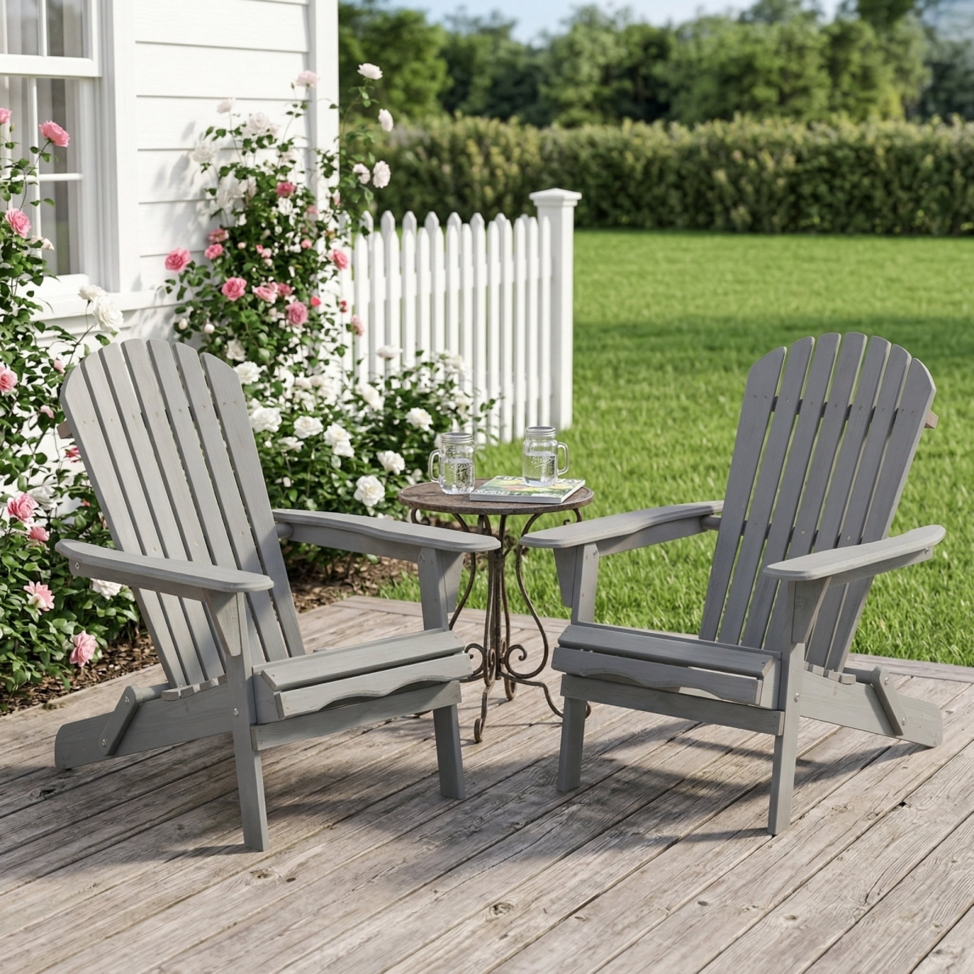 Set of 2 Outdoor Wooden Folding Adirondack Chairs with Pre-Assembled Backrest, Patio Fire Pit Chairs for Backyard, Porch, Poolside & Deck,Grey