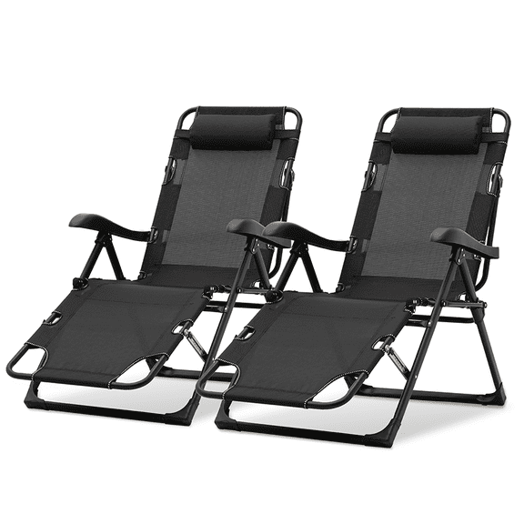 Set of 2 Outdoor Zero Gravity Folding Reclining Lounge Chair with Pillow, Indoor Office Recliner Sleeping Bed,Black